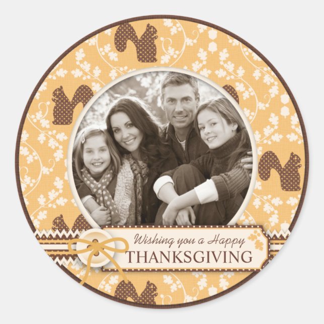 Elegant Squirrel Damask Print for Thanksgiving Classic Round Sticker (Front)