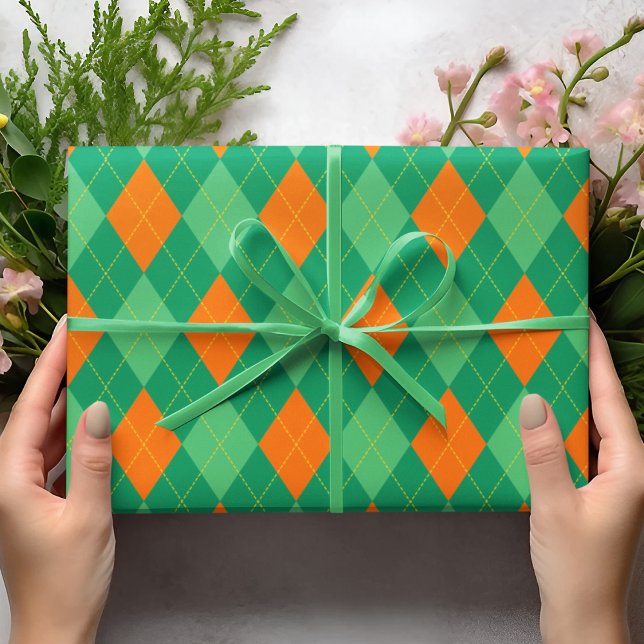 Elegant St Patrick's Day Green & Orange Argyle Wrapping Paper (Cute St Patrick's Day Green & Orange Argyle Pattern. Modern Diamonds Pattern.)