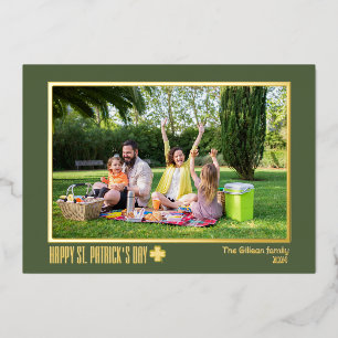 Elegant St patricks day Shamrocks family photo  Foil Holiday Card