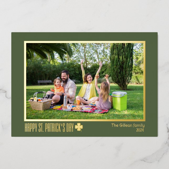 Elegant St patricks day Shamrocks family photo  Foil Holiday Card (Front)