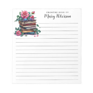 Elegant Stack Of Books Roses And Glasses Notepad