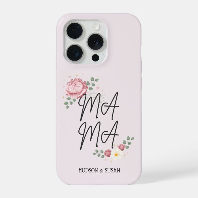 Elegant Stacked Mama Script Floral Pink Peony iPhone Case (Back)