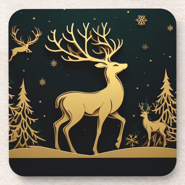 Elegant Stag – Golden Forest Silhouette Coaster (Front)