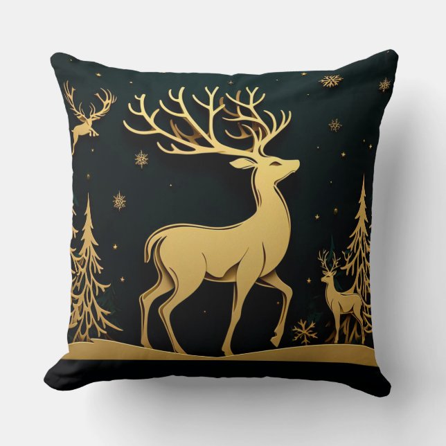 Elegant Stag – Golden Forest Silhouette Cushion (Front)