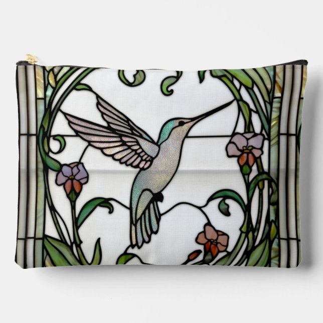 Elegant stain glass art nouveau hummingbird accessory pouch (Front)