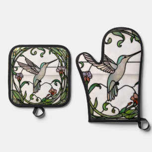 Elegant stain glass art nouveau hummingbird oven mitt & pot holder set