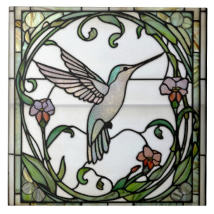Elegant stain glass art nouveau hummingbird tile