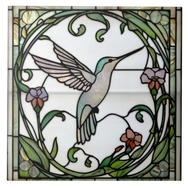 Elegant stain glass art nouveau hummingbird tile (Front)