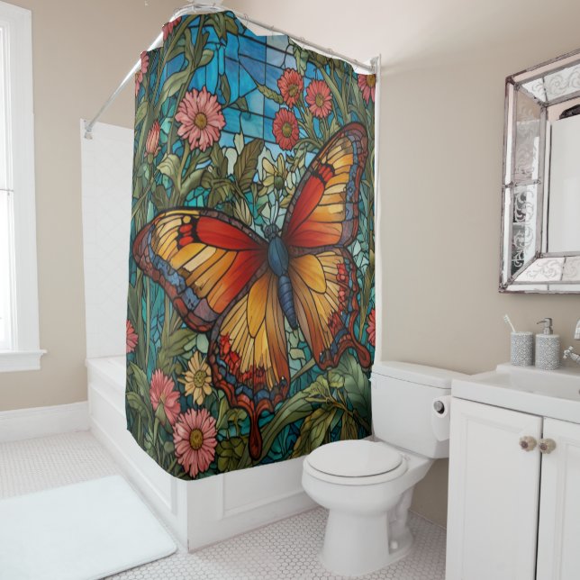 Elegant stain glass butterfly garden shower curtain (In Situ)