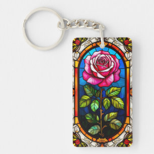 Elegant Stained Glass Artwork of a Vibrant Rose Key Ring