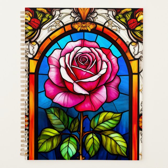 Elegant Stained Glass Artwork of a Vibrant Rose Planner (Front)