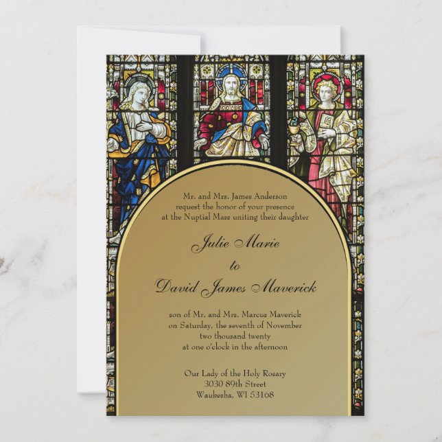 Elegant Stained Glass Catholic Wedding Invitation (Front)