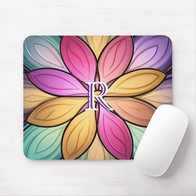 Elegant Stained‑Glass Floral Monogram Initial Mouse Mat (With Mouse)
