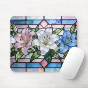 Elegant Stained Glass Lily Floral Design in Soft P Mouse Mat