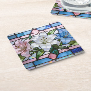 Elegant Stained Glass Lily Floral Design in Soft P Square Paper Coaster