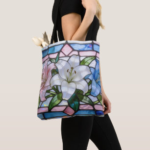 Elegant Stained Glass Lily Floral Design in Soft P Tote Bag