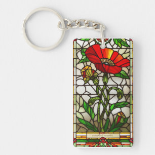 Elegant Stained Glass Red Flower Key Ring
