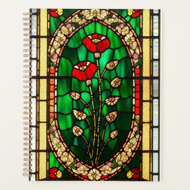 Elegant Stained Glass Red Flower Planner (Front)