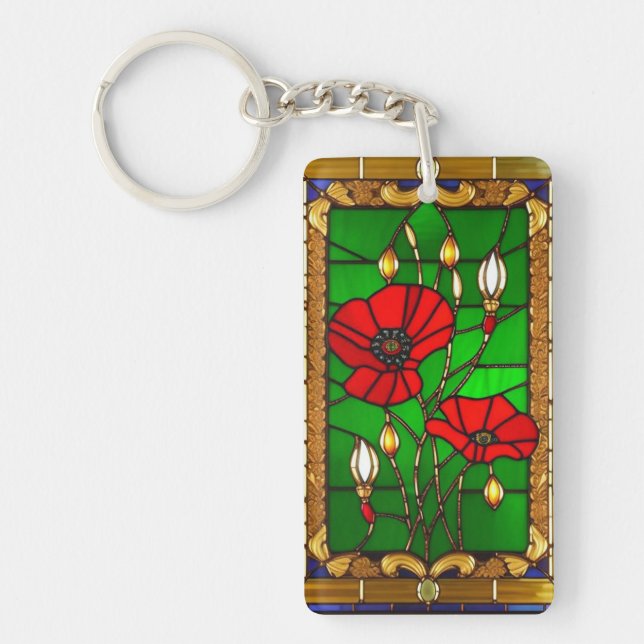 Elegant Stained Glass Red Flowers Key Ring (Front)