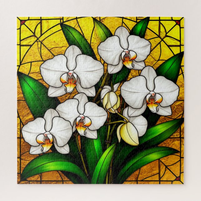 Elegant Stained Glass White Orchids Jigsaw Puzzle (Vertical)