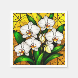 Elegant Stained Glass White Orchids Napkin