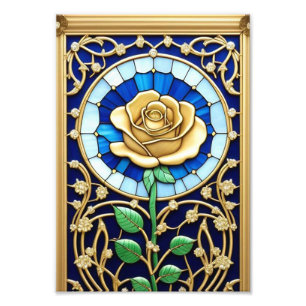 Elegant Stained Glass Window With Golden Rose Photo Print