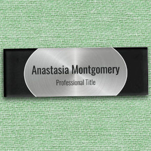 Elegant Stainless Steel Silver Oval Black Text Name Tag