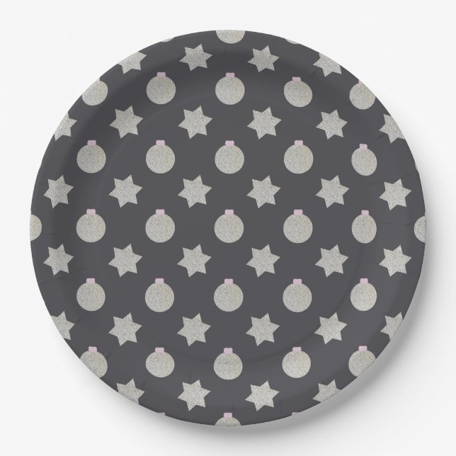 Elegant Star and Christmas Bauble Silver and Black Paper Plate (Front)