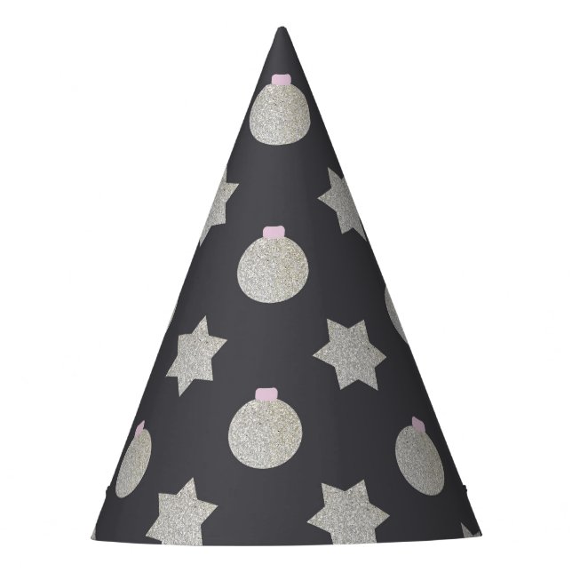 Elegant Star and Christmas Bauble Silver and Black Party Hat (Front)