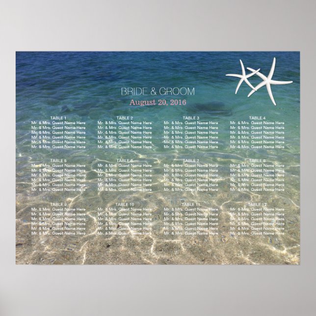 Elegant Starfish Blue Beach Wedding Seating Chart (Front)
