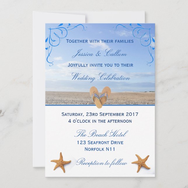 Elegant Starfish & Flip Flops Beach Wedding Invitation (Front)