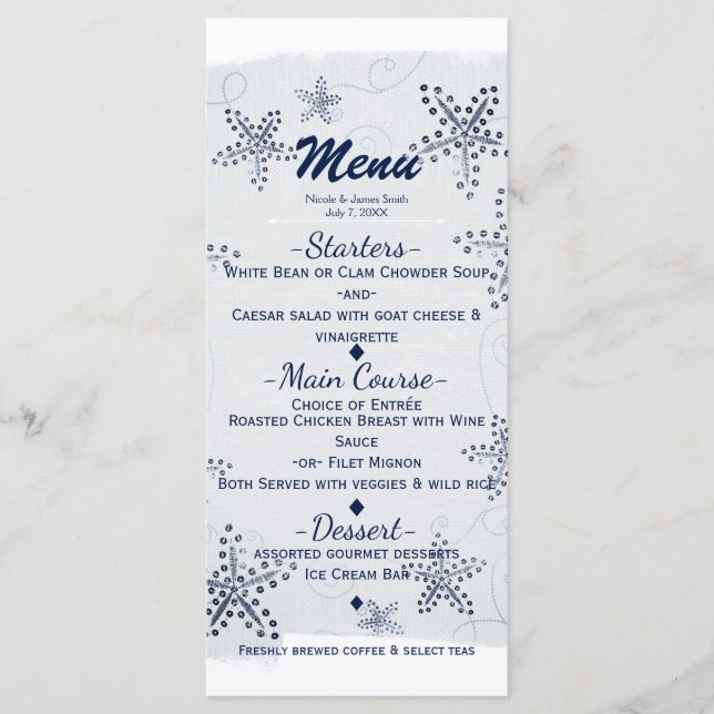 Elegant Starfish & Sequins Blue Beach Party Menu (Front)