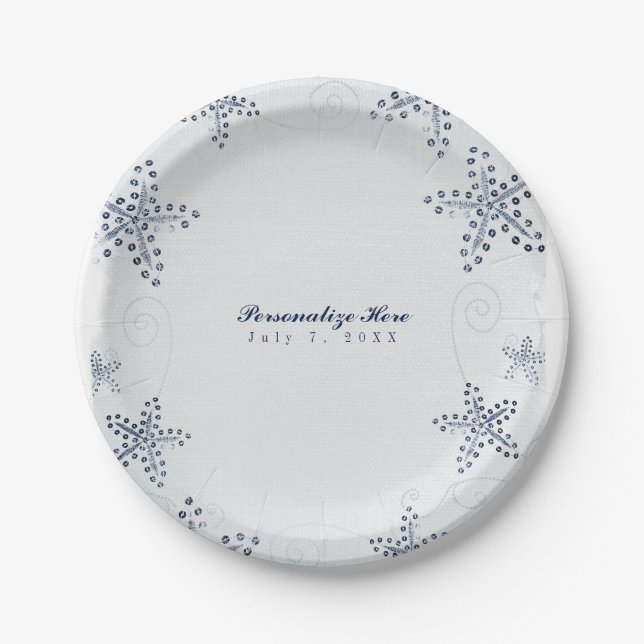 Elegant Starfish & Sequins Blue Beach Party Paper Plate (Front)