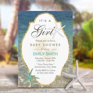 Elegant Starfish Tropical Beach Girl Baby Shower Invitation
