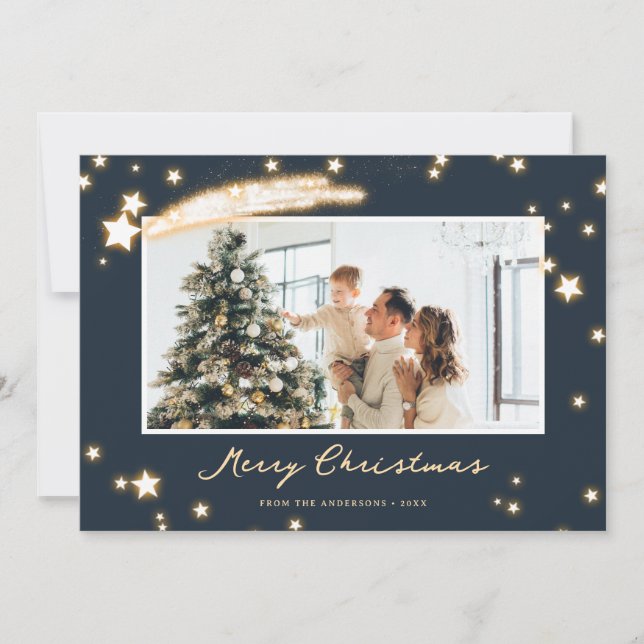 Elegant Starry Blue Photo Merry Christmas Card (Front)