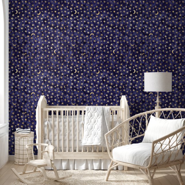 Elegant Starry Night on Purple Nursery Wallpaper (Kids)