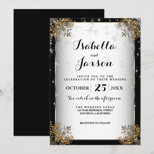 Elegant Starry Night Wedding in Black and Gold Invitation (Front/Back)
