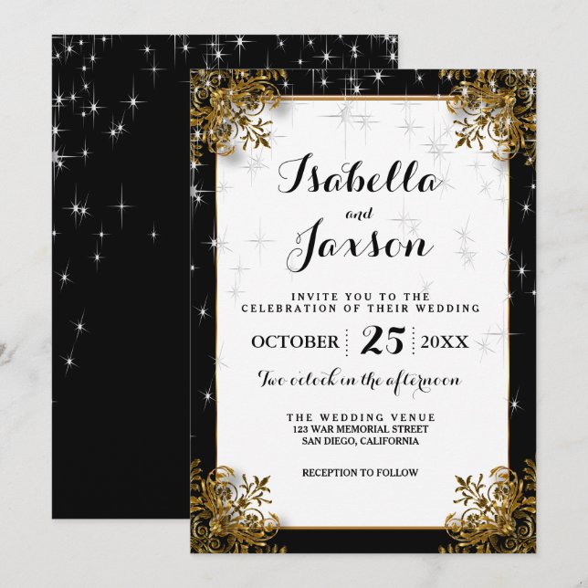 Elegant Starry Night Wedding in Black and Gold Invitation (Front/Back)