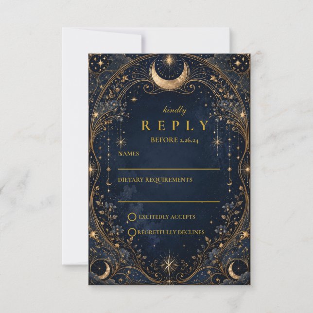 Elegant Starry Nights Celestial Wedding RSVP Card (Front)