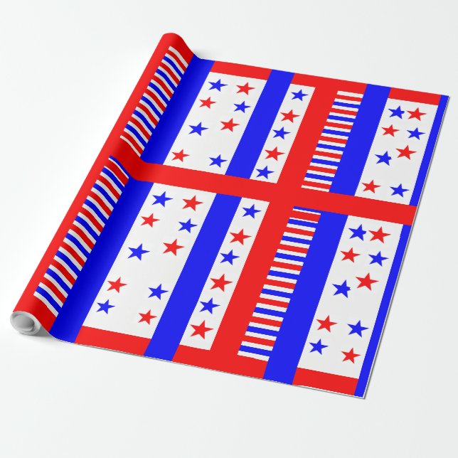 Elegant Stars and Stripes Pattern USA Flag Colours Wrapping Paper (Unrolled)