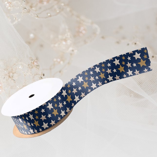 Elegant Stars Christmas Blue Gold Ribbon Satin Ribbon (Creator Uploaded)