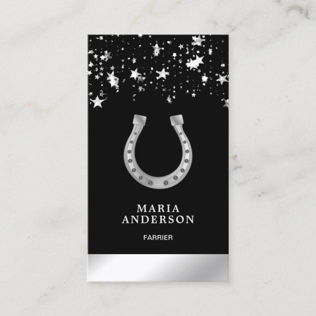 Elegant Stars Confetti Faux Silver Foil Horseshoe Business Card (Front)