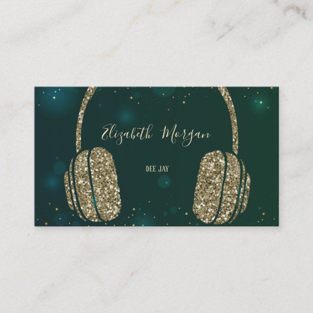 Elegant Stars Green Glitter Headphone DJ Business Card (Front)