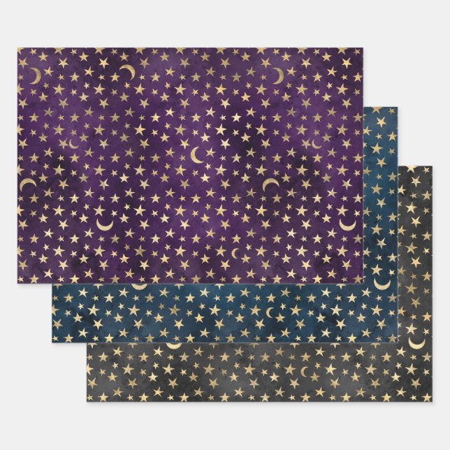 Elegant Stars Moon Night Sky Patterns Wrapping Paper Sheet (Set)