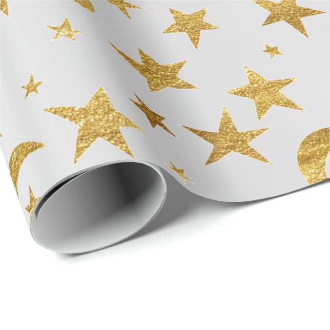 Elegant Stars Moon Silver Gray Gold Metallic Sky Wrapping Paper (Roll Corner)