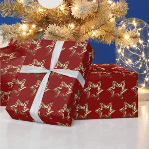 Elegant Stars Pattern Christmas Red and Gold Wrapping Paper