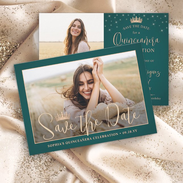 Elegant Stars Rose Gold Quinceañera 2 Photo Green Save The Date (Creator Uploaded)