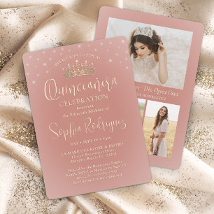 Elegant Stars Rose Gold Quinceañera 3 Photo Pink Invitation