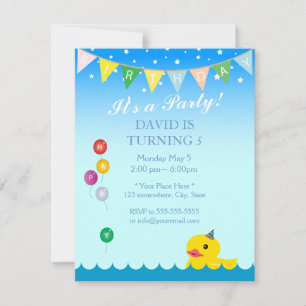 Elegant Stars & Rubber Duck Blue Birthday Invitation
