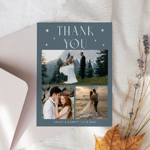 Elegant Stars Wedding Multi Photo Slate Blue Thank You Card